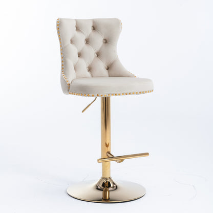 A&A Furniture,Golden Swivel Velvet Barstools Adjusatble Seat Height from 25-33 Inch,Modern Upholstered Bar Stools with Backs Comfortable Tufted for Home Pub and Kitchen Island,Beige,Set of 2 image 3