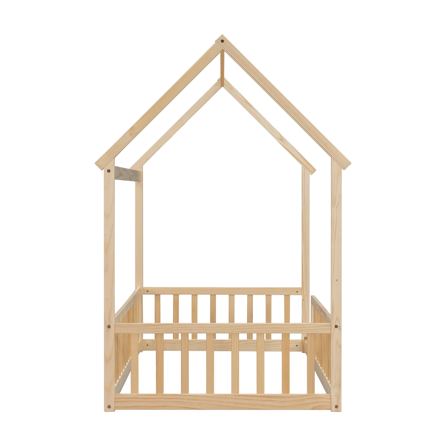 Twin Size House Floor Bed with Roof Frame,Pine Wood Floor Bed with Safety Guardrails,Natural image 3