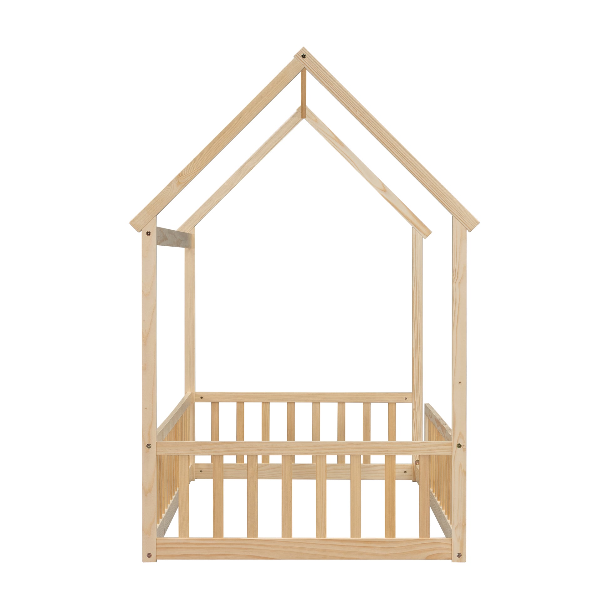 Twin Size House Floor Bed with Roof Frame,Pine Wood Floor Bed with Safety Guardrails,Natural image 3