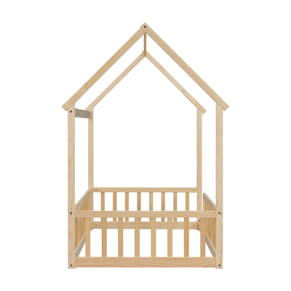 Twin Size House Floor Bed with Roof Frame,Pine Wood Floor Bed with Safety Guardrails,Natural image 3