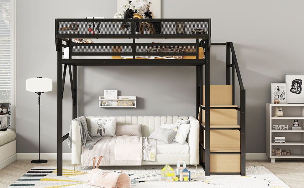 Full Size Loft Bed with Stairs, Metal Full Loft Bed with Storage Shelves, High Loft Bed with Wardrobe for Kids Teens, Black(Old SKU W2580S00029) Patent Products image 8
