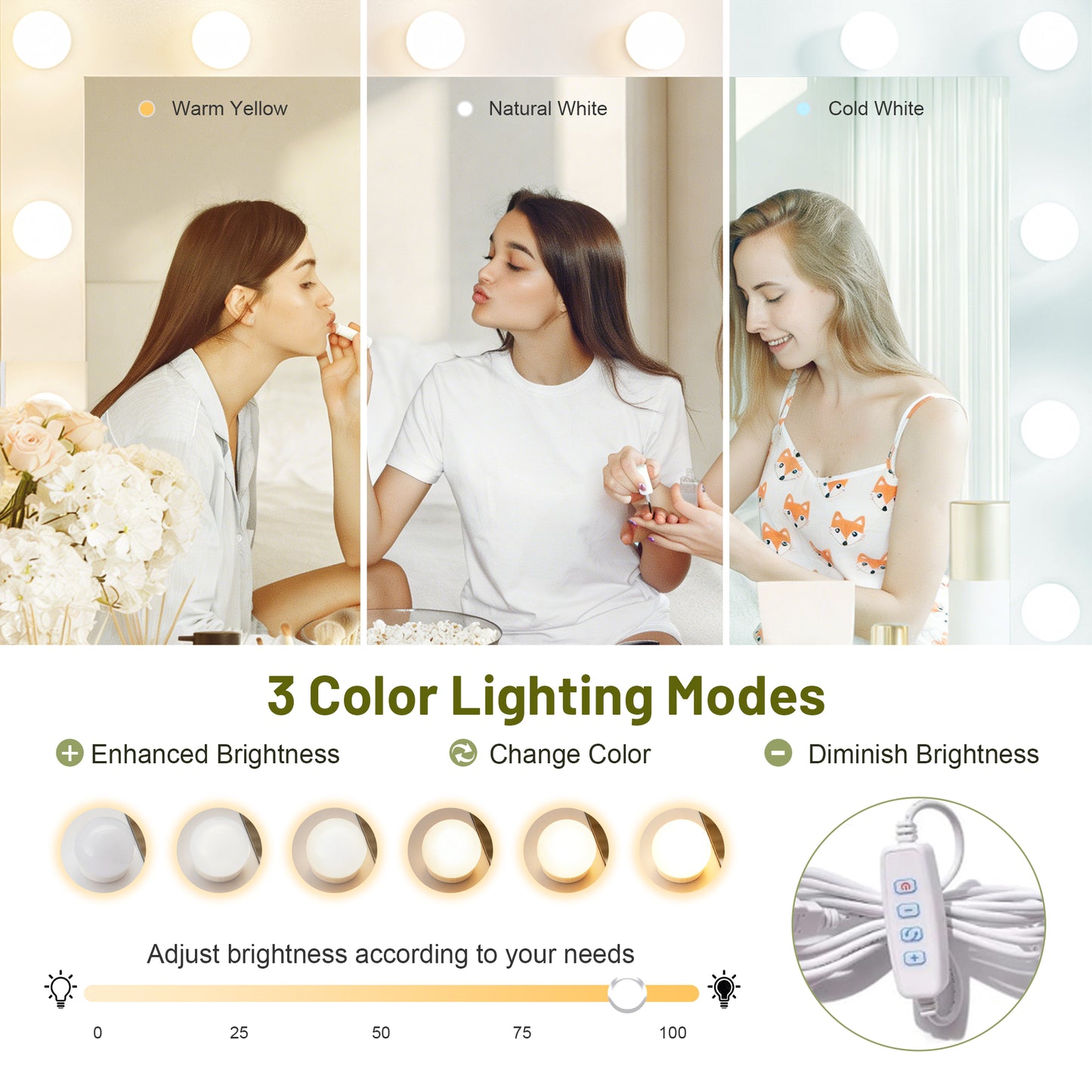 Vanity Desk with 11 Hollywood Bulbs & 7-Tier Storage Shelves, Makeup Vanity Desk with Power Outlet and 11 Drawers, 3 Color Lighting Modes, Dressing Table with Display Shelf Crystal Handles,White image 3