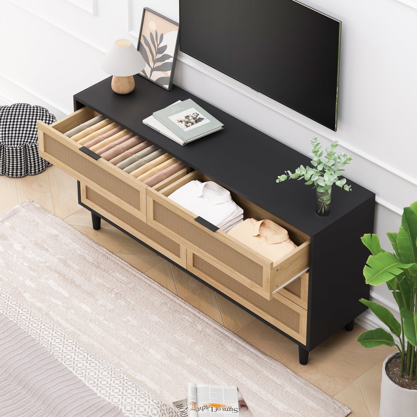 59.06"6-Drawers Rattan Storage Cabinet Rattan Drawer with White Drawer Slides,for Bedroom,Living Room,Black image 2