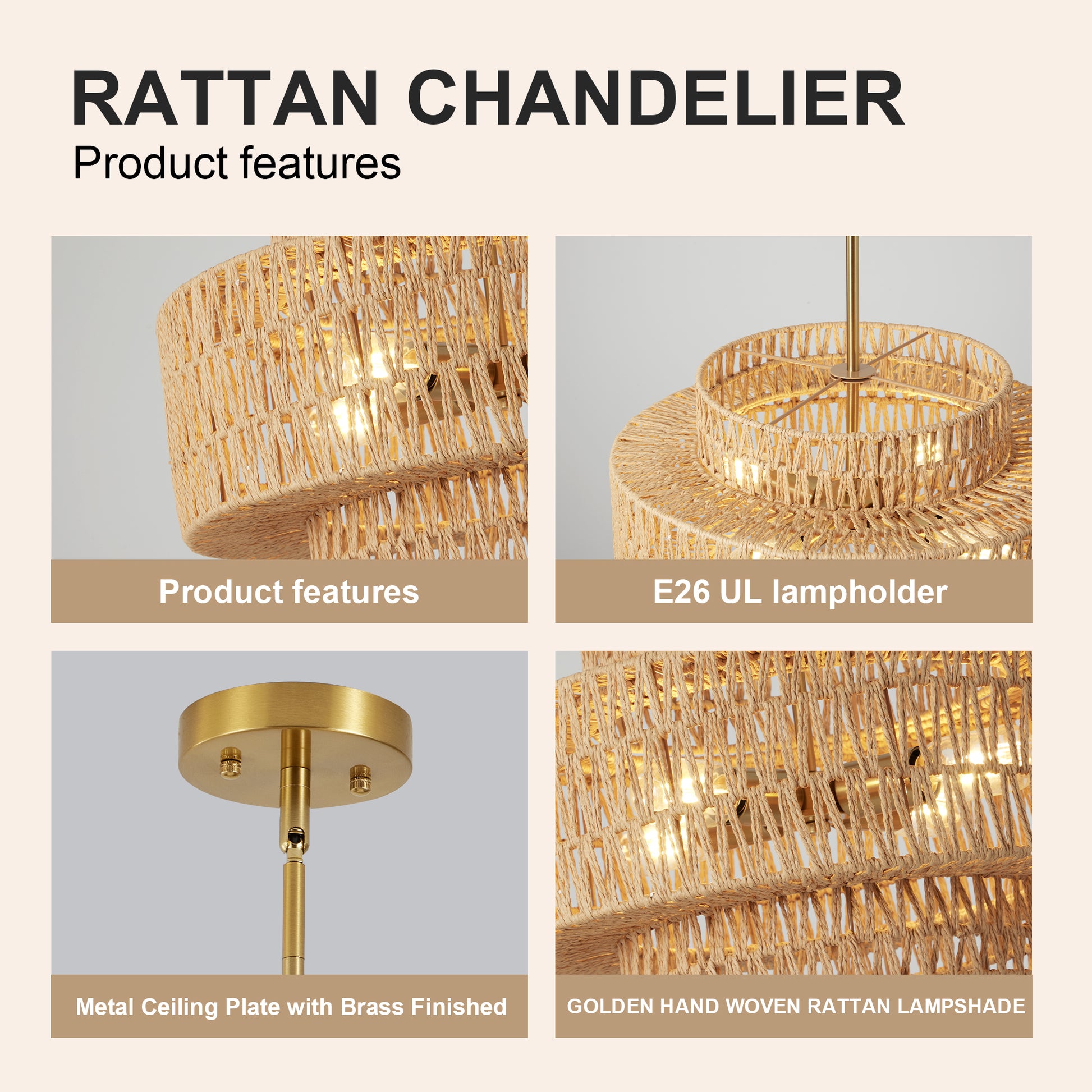 17.7" Boho Rattan Chandelier for Dining Room Light Fixture, 5-Light Hand Woven Wicker Pendant Light Fixture, Farmhouse Rustic Hanging Chandelier for Dining Room, Kitchen Island, Living, Bedroom image 6