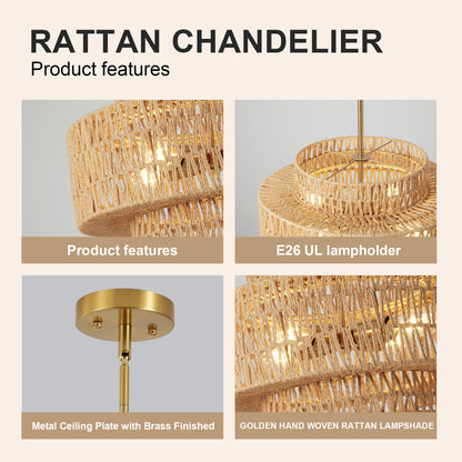 17.7" Boho Rattan Chandelier for Dining Room Light Fixture, 5-Light Hand Woven Wicker Pendant Light Fixture, Farmhouse Rustic Hanging Chandelier for Dining Room, Kitchen Island, Living, Bedroom image 6