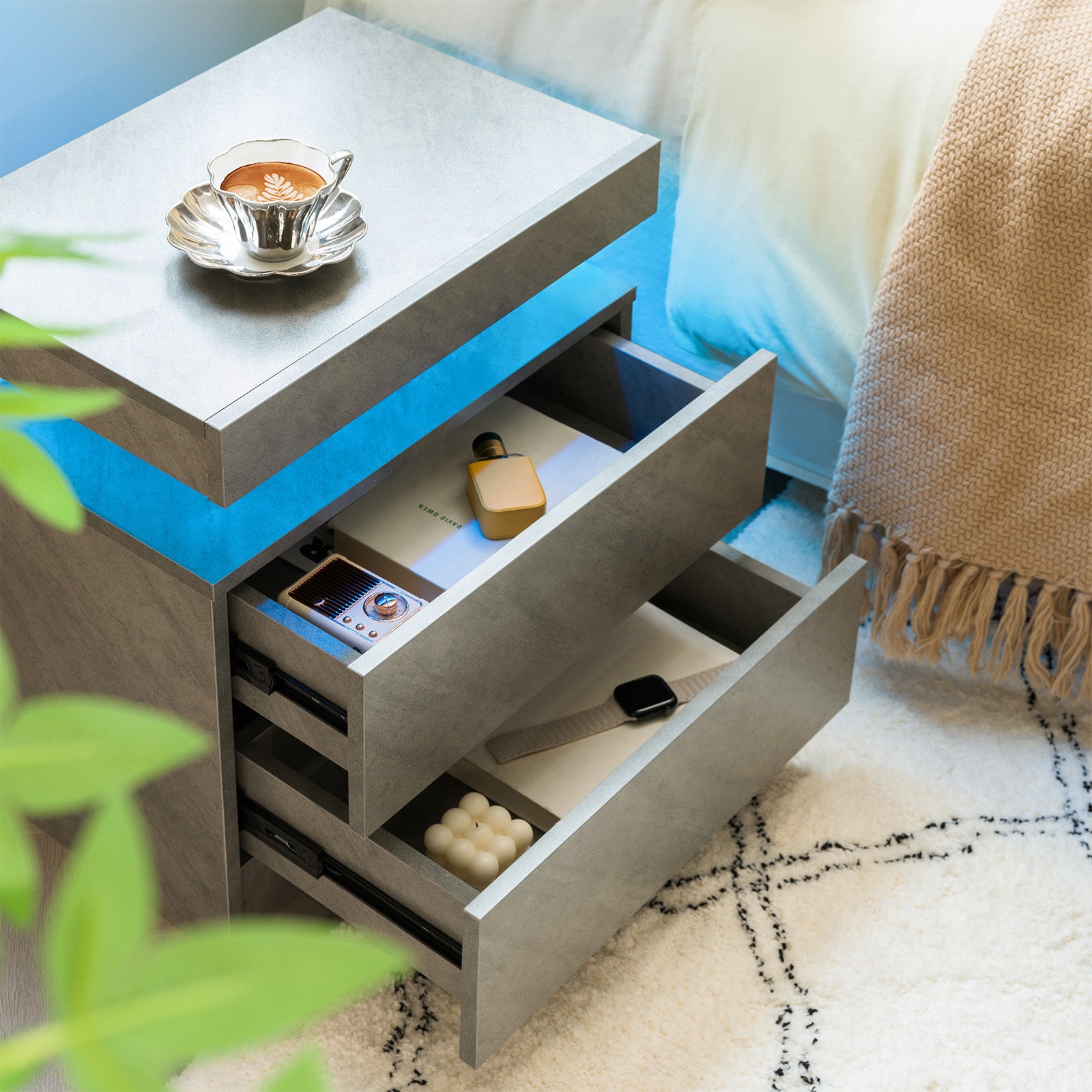 Nightstand LED Bedside Table Cabinet Lights Modern End Side with 2 Drawers for Bedroom (Deep Gray) image 2