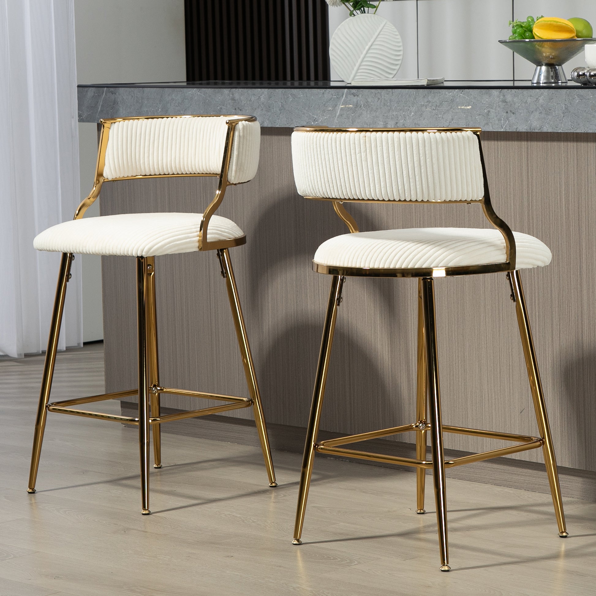 (SET of 2) 26'' Counter height bar stools Corduroy kitchen island counter bar stool with back,golden chromed base and footrest (BEIGE) image 8