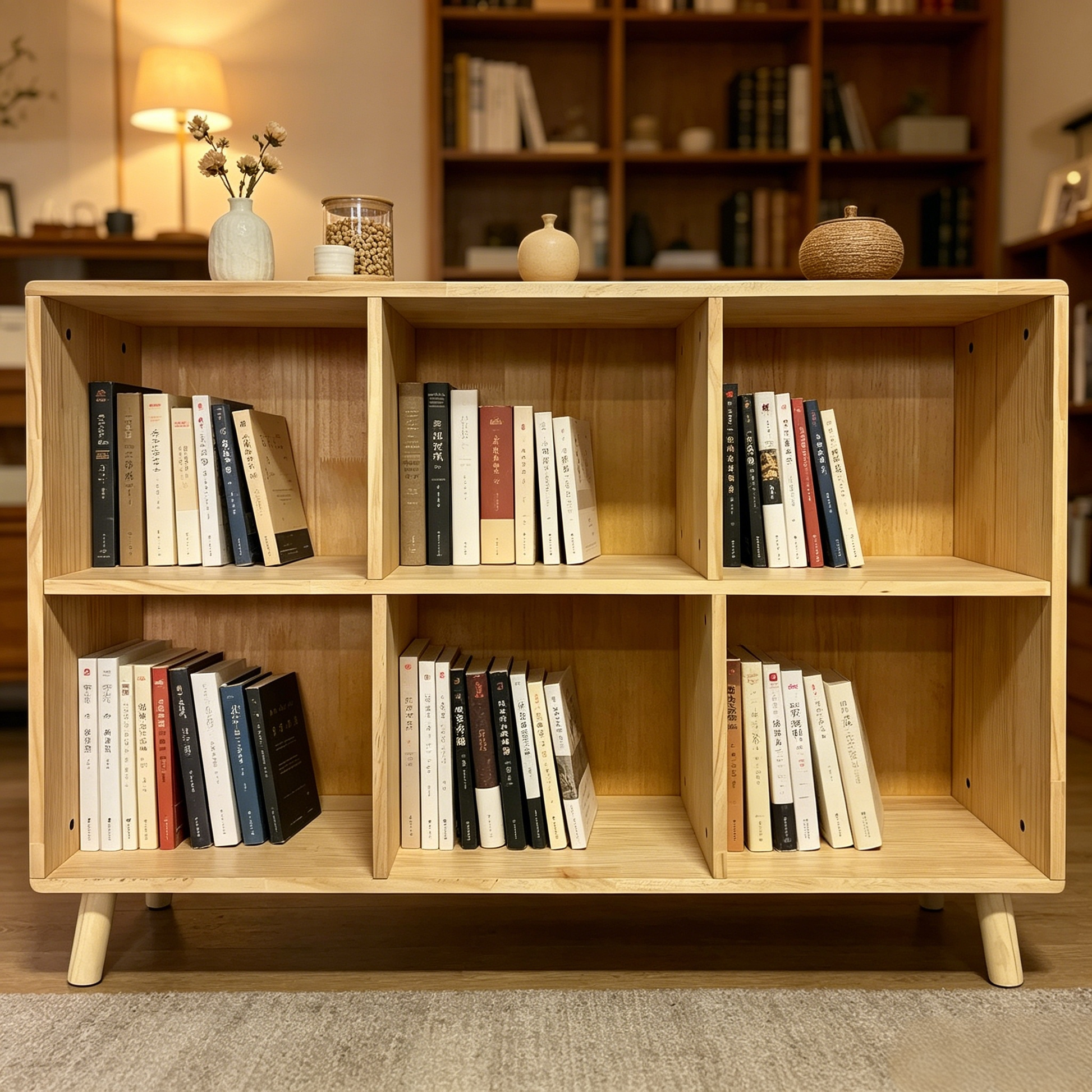 6 Cube Wooden Storage Shelf, Freestanding Open Bookcase with Legs, Natural Solid Wood Cubby Organizer for Living Room, Bedroom, Office, Entryway image 8