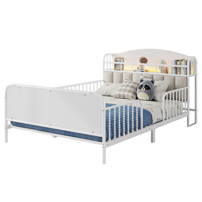 Full Size Metal Platform Bed Frame with Light, Kids Full Metal Bed with Upholstered and Storage Headboard, White (Expect Arrival Date 2025/10/5) image 6