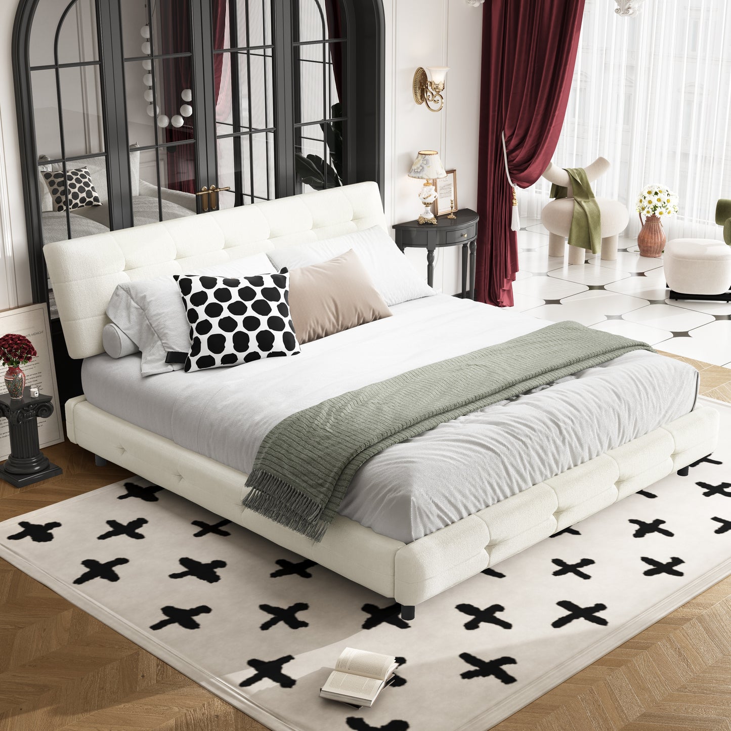 King Size Bed Frame,Tufted Headboard with Extra-Large Ultra-Soft Cloud Pillow Design,Chenille Platform Bed with Metal and Wooden Slats Double Support,Solid and Stable,Noise-Free,Beige/White image 1