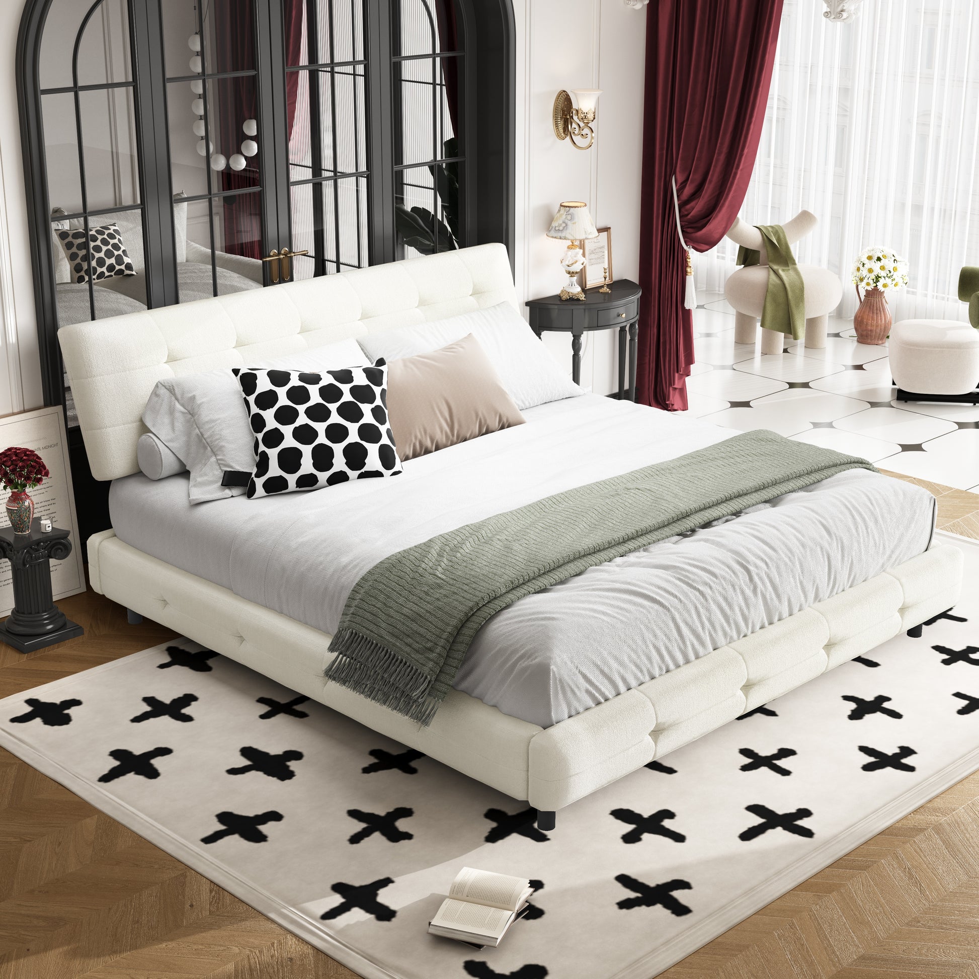 King Size Bed Frame,Tufted Headboard with Extra-Large Ultra-Soft Cloud Pillow Design,Chenille Platform Bed with Metal and Wooden Slats Double Support,Solid and Stable,Noise-Free,Beige/White image 1