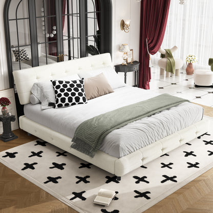 King Size Bed Frame,Tufted Headboard with Extra-Large Ultra-Soft Cloud Pillow Design,Chenille Platform Bed with Metal and Wooden Slats Double Support,Solid and Stable,Noise-Free,Beige/White image 1