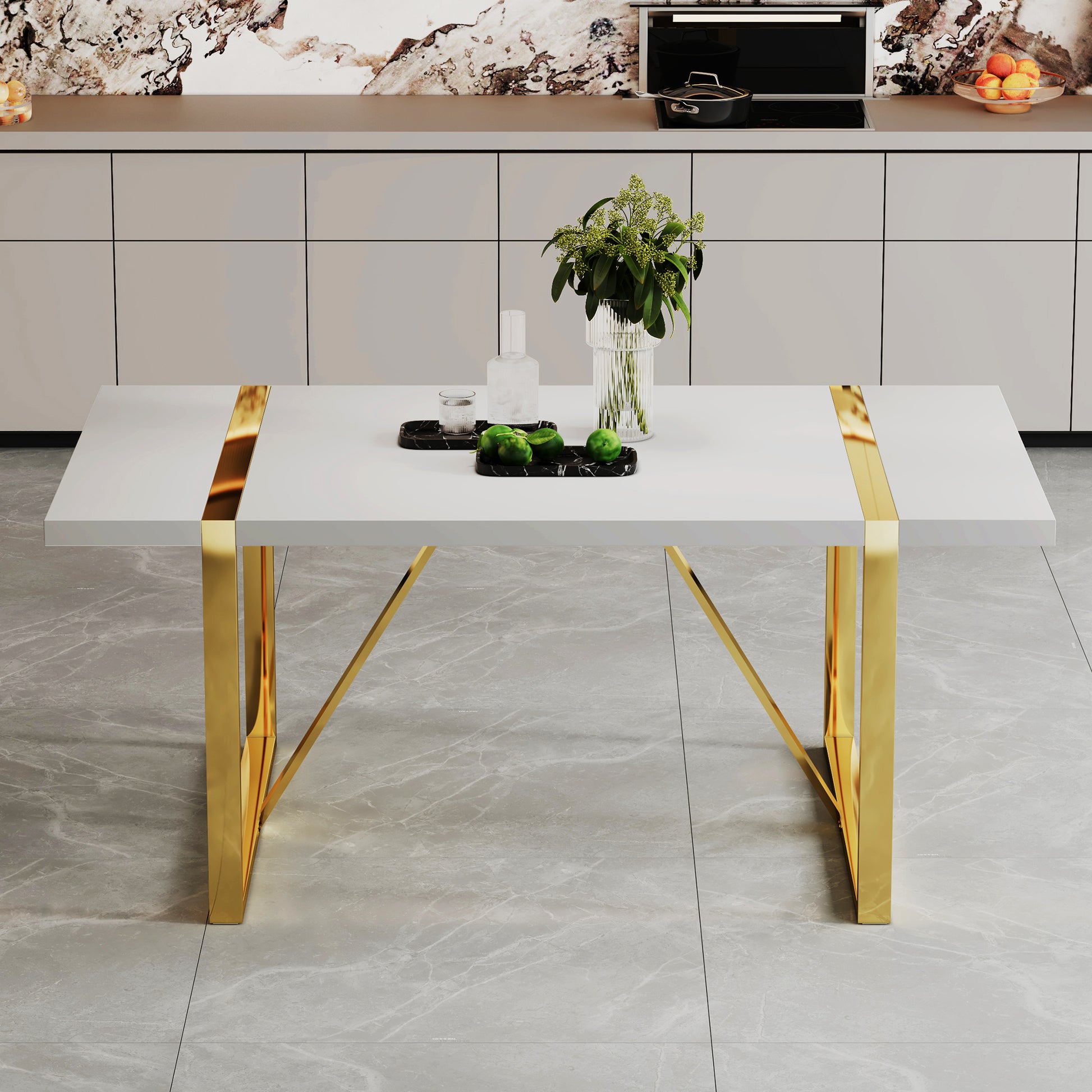 Industrial rectangular MDF material white dining table, equipped with a 2.3-inch thick tabletop and golden metal legs, used for writing desks, restaurants, and living rooms71"*39.3"*30" image 2