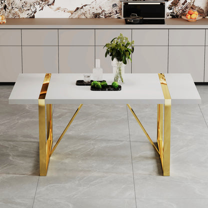 Industrial rectangular MDF material white dining table, equipped with a 2.3-inch thick tabletop and golden metal legs, used for writing desks, restaurants, and living rooms71"*39.3"*30" image 2
