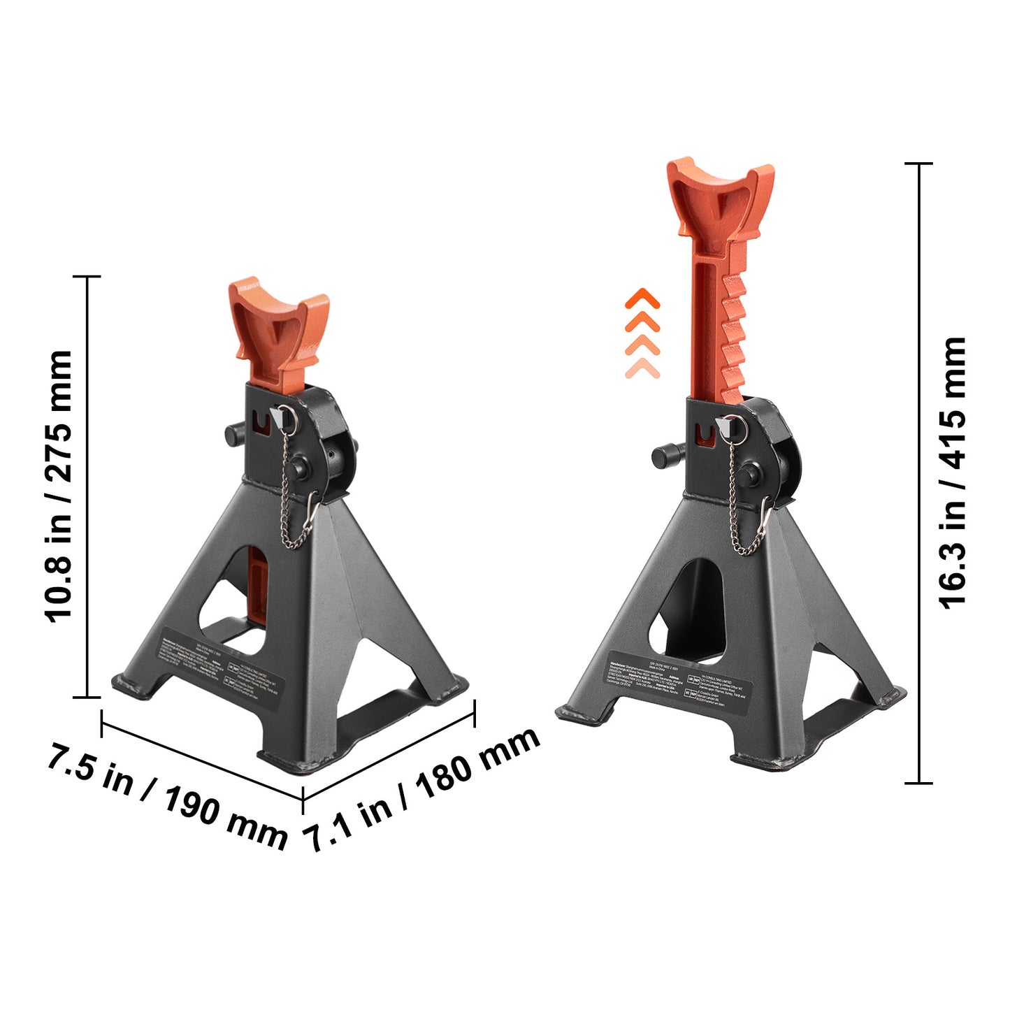 Jack Stands, 3 Ton (6,600 lbs) Capacity, 10.8-16.3 in Adjustable Height, Heavy Duty Steel Jack Auto Stands with Double Locking, for Lifting SUV, Pickup, Car, UTV/ATV, 1 Pair, Black and Orange image 8