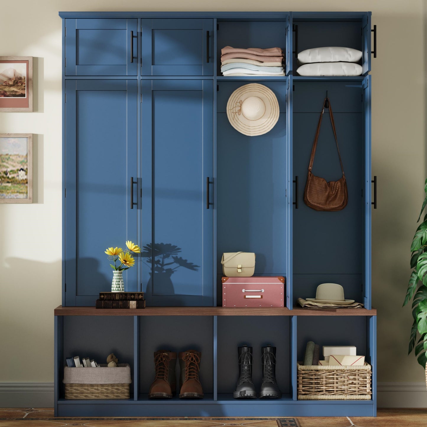 Farmhouse Hall Tree with 4 Hidden Hanging Hooks, Versatile Walnut Seating Bench with 8 Doors, Entryway Shoe Cabinet with Open Compartment for Living Room, Blue (OLD SKU:N721S000059C) image 2