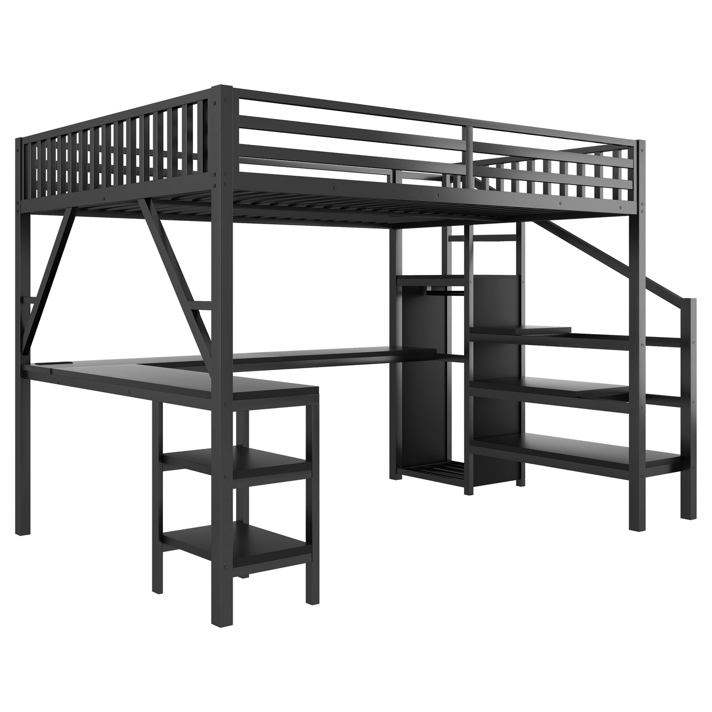 Metal Queen Loft Bed with Wardrobe and LED Light, Queen Size Loft Bed with L Shaped Desk and USB for Kids Teens Adults, Black(Old SKU W2593S00043,Expect Arrival Date 2026/3/7) image 11