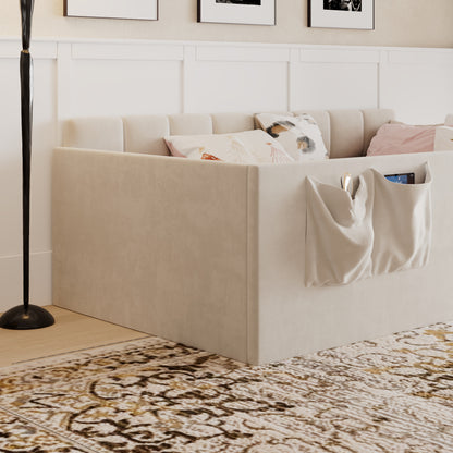 Twin Size Daybed Velvet Upholstered Sofa Bed with High Side Panels and Side Entrance, Space-Saving Guest Bed with Storage Pockets, Beige image 4
