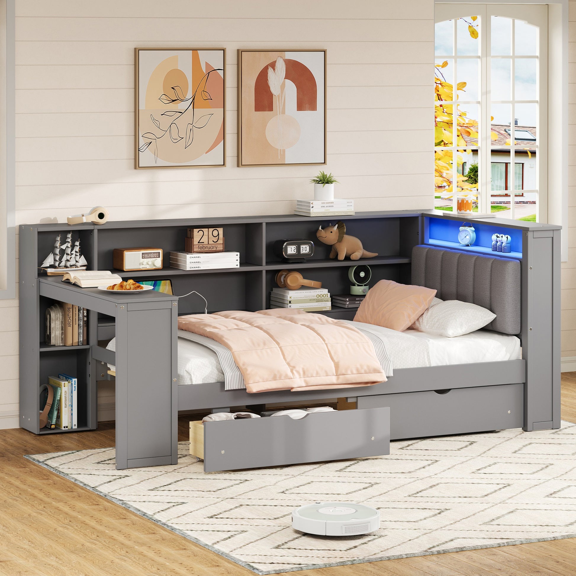 Wood Twin Size Platform Bed with Storage Shelves, Drawers, Charging Station, LED, Desk and Upholstered Headboard, Grey+ Grey Cushion image 3