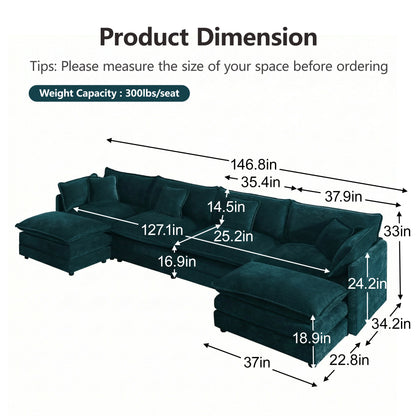 Comfort U Shaped Couch with Reversible Chaise, Modular Large U-Shape Sectional Sofa, Double Extra Ottomans,Blue Chenille image 4