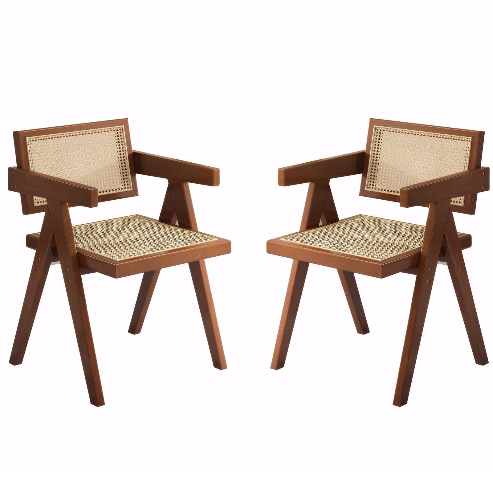 Modern Mid Century Dining Chairs Set of 2, Rattan Accent Chairs, Comfy Armchairs, Outdoor Wood Chairs with Armrest for Bedroom Living Room Reading Room Dining Kitchen, Brown image 7