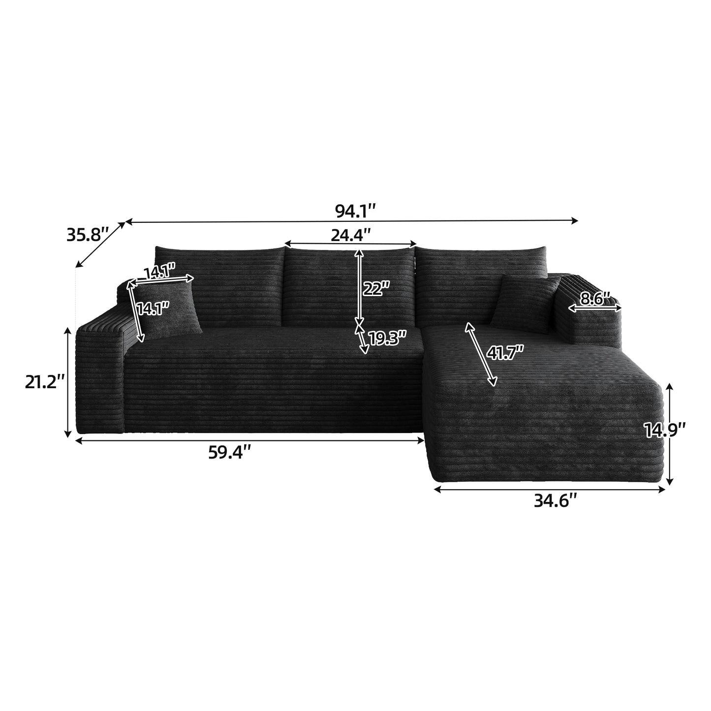 95" Cloud Sectional Sofa,Modern Minimalist Upholstered Couches, Comfort U Shaped Sofa for Living Room,Deep Seat Corner Couch,No Assembly Required,Black (Plush Corduroy Fabric) image 8
