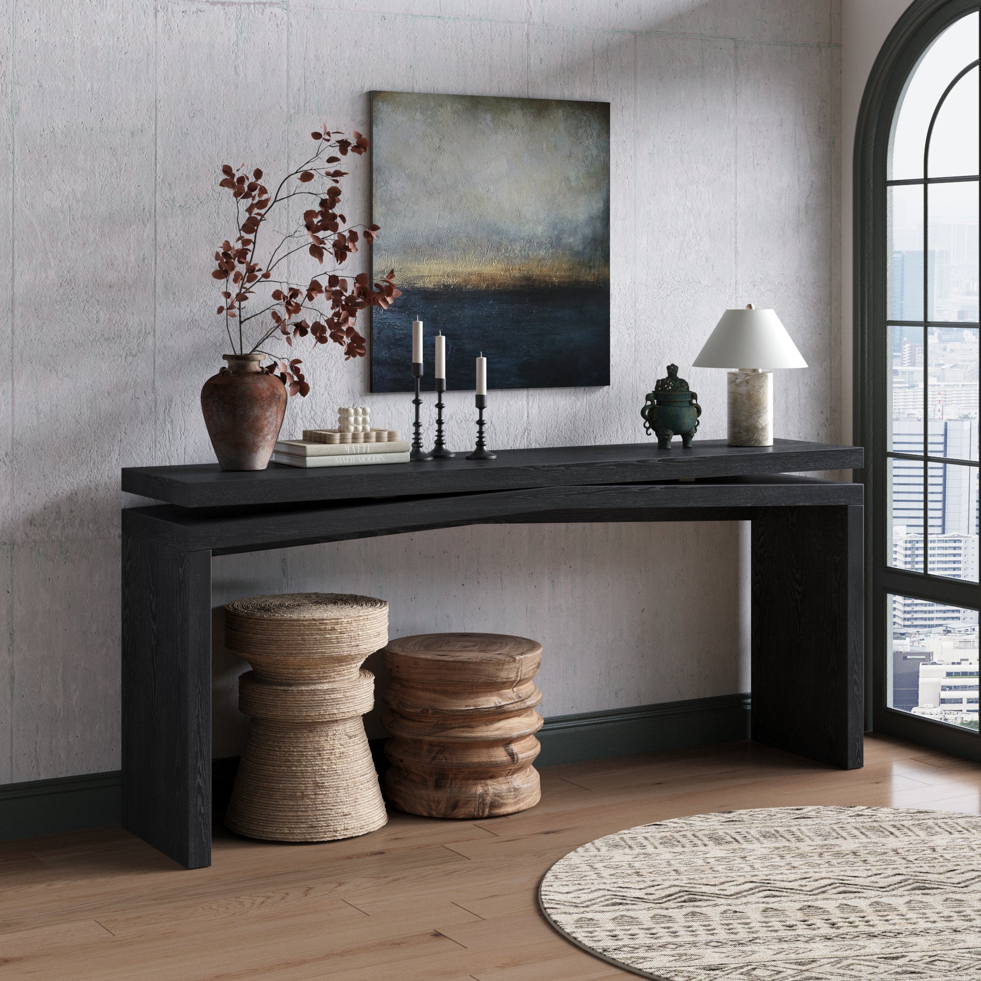 65-Inch Rustic Solid Wood Veneer Console Table, Long Farmhouse Entryway Sofa Table for Living Room, Hallway, Behind Couch, Apartment, Black image 2