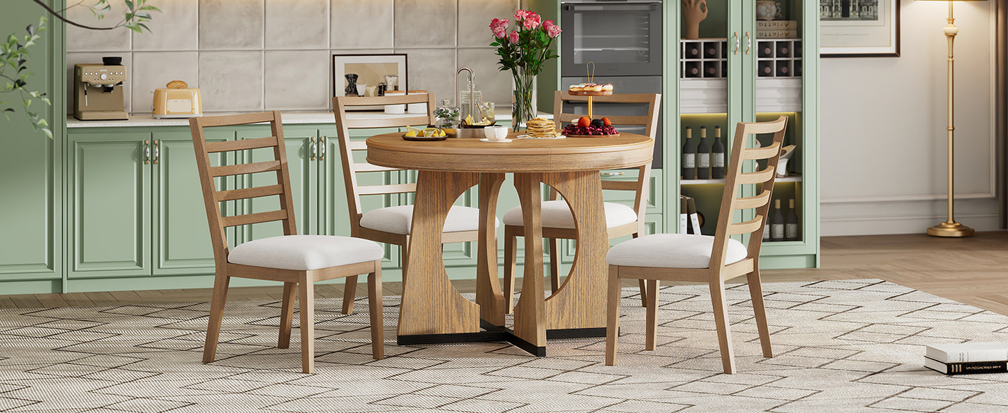 TREXM Round Dining Table for 4 with Chairs Set, Extendable Dining Table Set with 16" Removable Middle Leaf, 5 Piece Retro Dining Table Set Unique Geometric Design for Kitchen, Dining Room (Natural) image 10