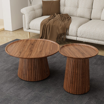 Round Coffee Table Set of 2, Large & Small Wooden Center & Side Tables, Modern Walnut Finish for Living Room & Office image 4