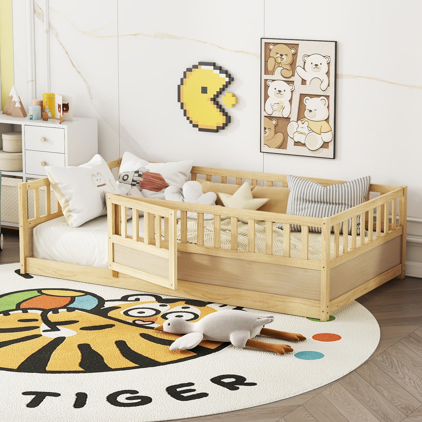 Twin Size Floor bed, integral construction with super high security barrier, door, children's floor bed frame, Montessori wooden children's floor bed, Support slat Natural Wood(Patented model) image 2