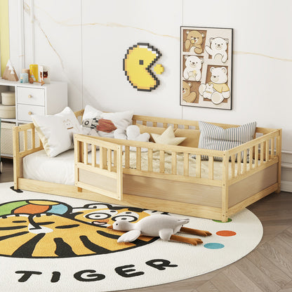 Twin Size Floor bed, integral construction with super high security barrier, door, children's floor bed frame, Montessori wooden children's floor bed, Support slat Natural Wood(Patented model) image 2