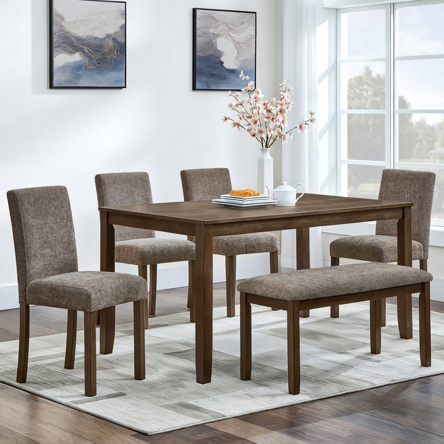 6-Piece Dining Table Set with Bench and Chairs, Wooden dining table set for 6 people, Farmhouse Rustic Style 6 Person Dining Table Set for Dining Room, Kitchen, Walnut image 1