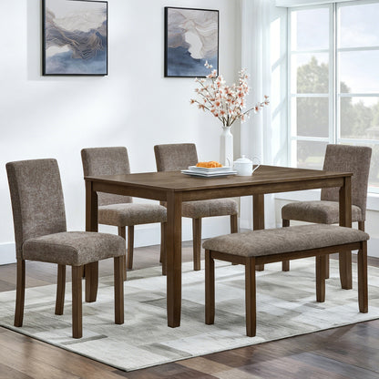 6-Piece Dining Table Set with Bench and Chairs, Wooden dining table set for 6 people, Farmhouse Rustic Style 6 Person Dining Table Set for Dining Room, Kitchen, Walnut image 1