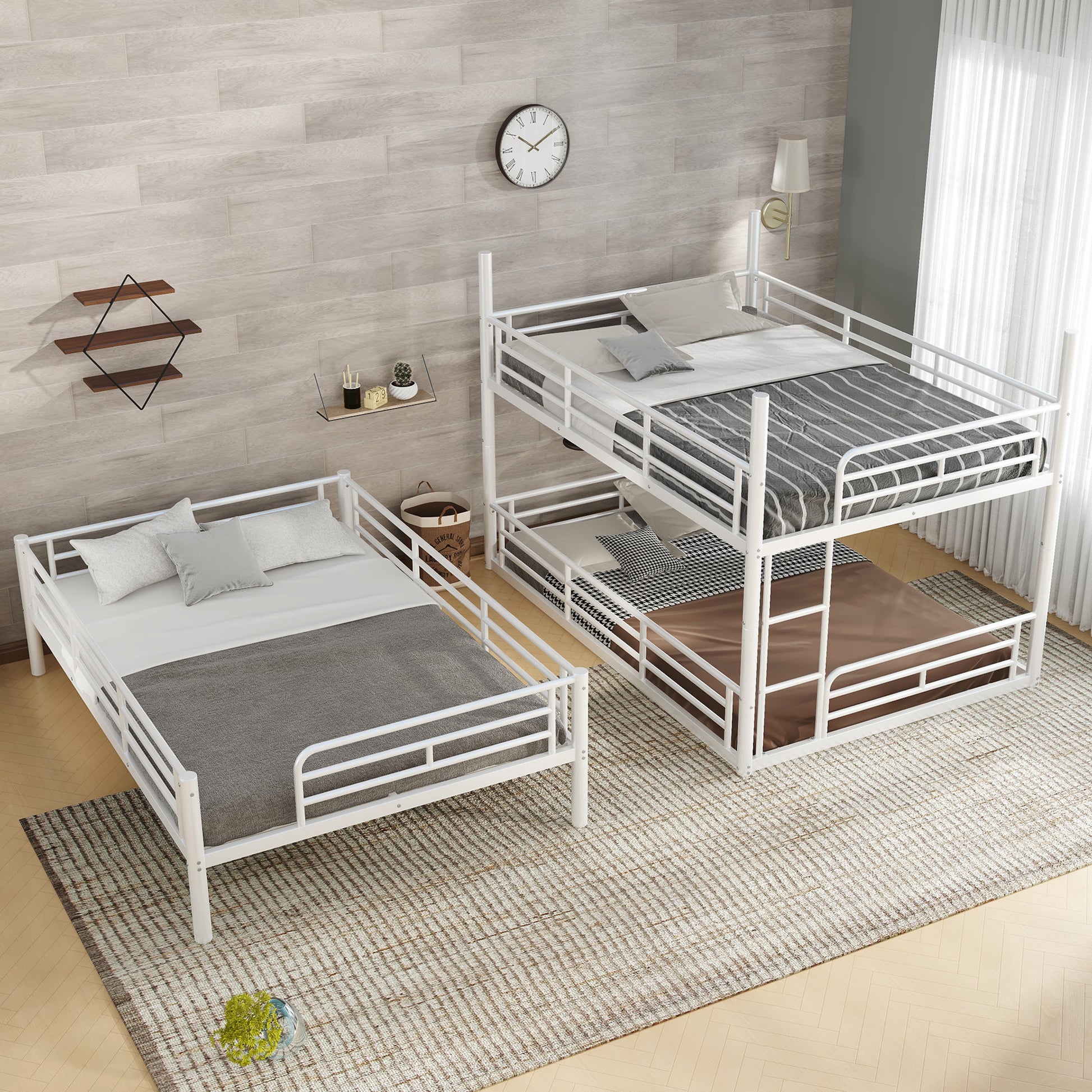 Full over Full over Full Bunk Bed, Metal Triple Bunk Bed with Safety Guardrails, Heavy-duty Bunk Bed with Noise-reduced Design, White image 4