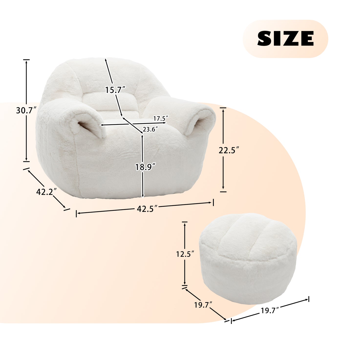 Bean Bag Chair, Comfy Bean Bag Sofa with Back Support, With Footstool,Faux Fur Bean Bag Chair for Adults and Kids, Stuffed Floor Sofa for Living Room, Bedroom, Apartment, White image 5