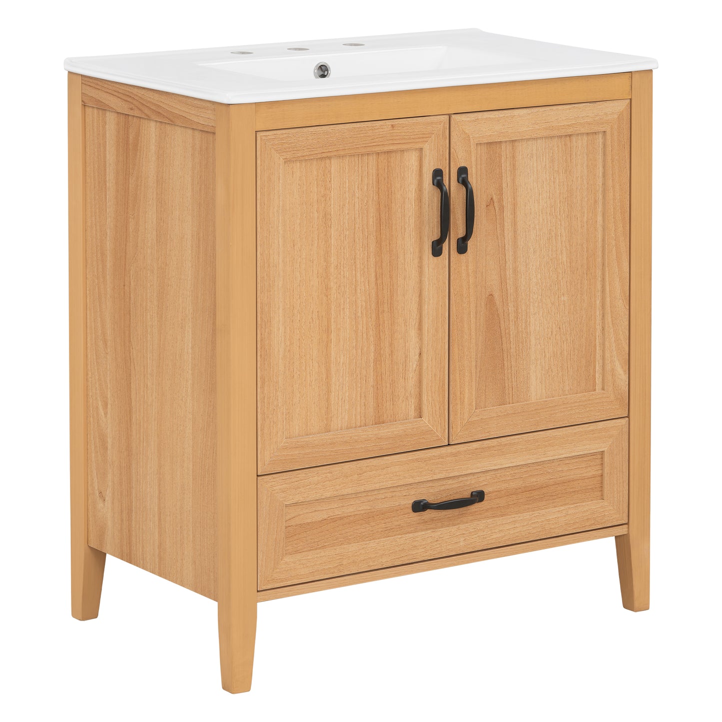 [Video] 30" Natural Wood Grain Bathroom Vanity with Ceramic Sink Top, Solid Wood Legs, Soft-Close Double Doors & Bottom Drawer, Adjustable Interior Shelf, Door-mounted Organizers image 9