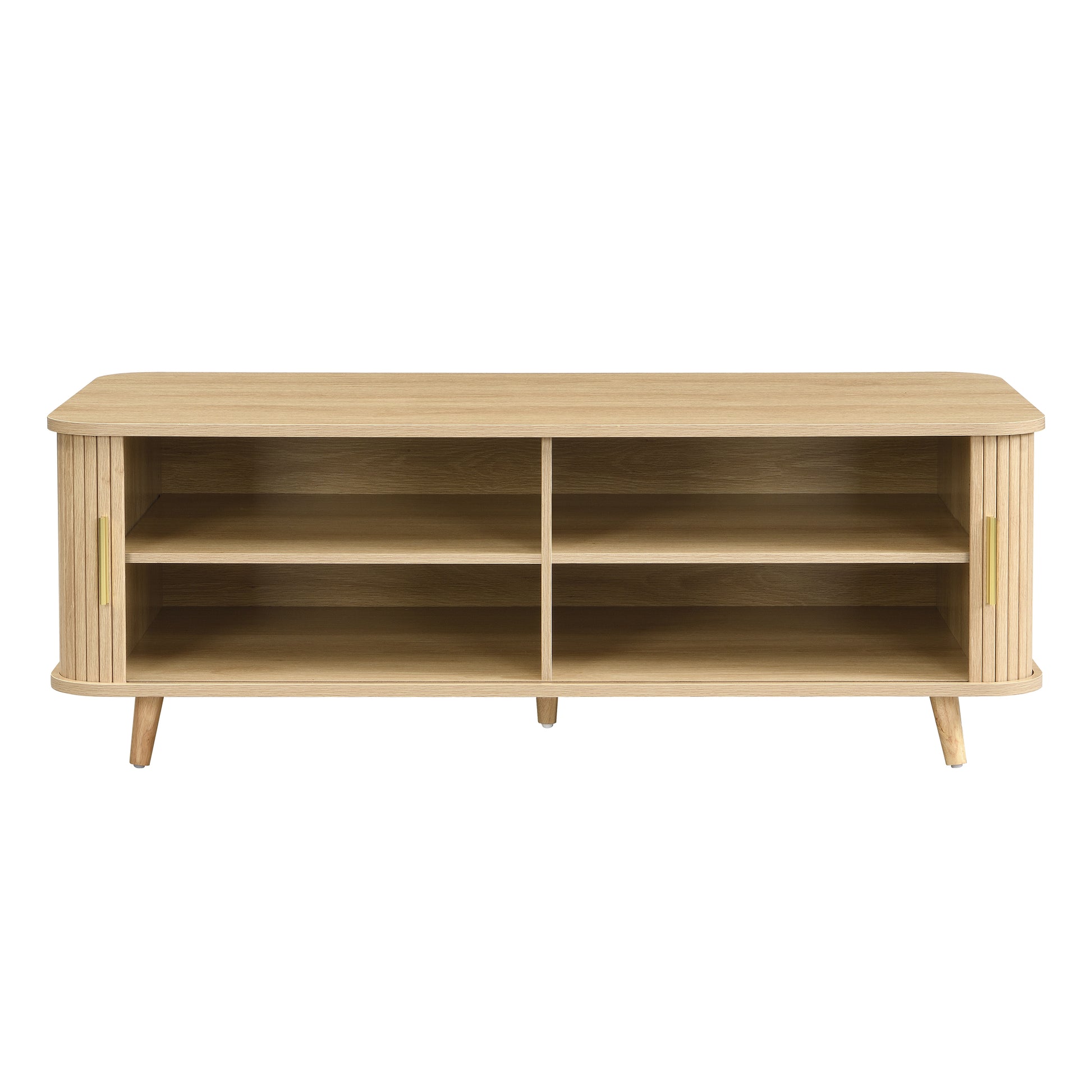 Modern Mid-Century Coffee Table with Storage: Natural Wood Finish, 4 Open Shelves & 2 Doors, For Living Room, Entertainment Center, Home Theater image 7