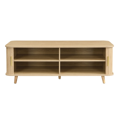 Modern Mid-Century Coffee Table with Storage: Natural Wood Finish, 4 Open Shelves & 2 Doors, For Living Room, Entertainment Center, Home Theater image 7