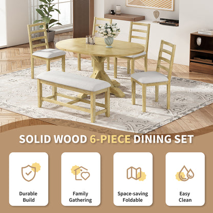 TOPMAX Farmhouse 6-Piece 60inch Extendable Pedestal Dining Table Set with 18inch Removable Leaf, 44inch Bench and 4 Ladder Back Dining Chairs, Natural+Beige(OLD SKU:SP000060AAA) image 4