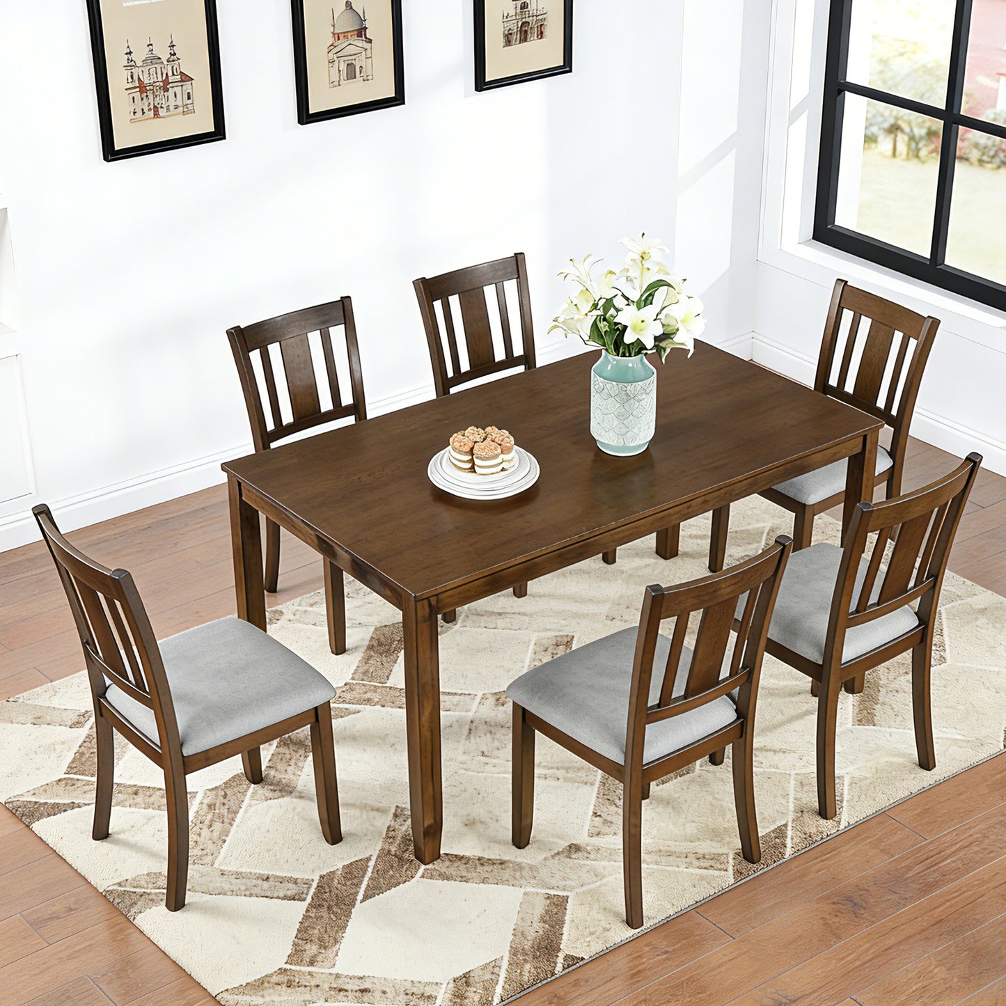 Modern 7-Piece Dining Table Set with 6 Upholstered Chairs, Wooden Rectangular Dining Table Set for 6 with Chairs, for Dining Room, Kitchen, Restaurant, Walnut image 2