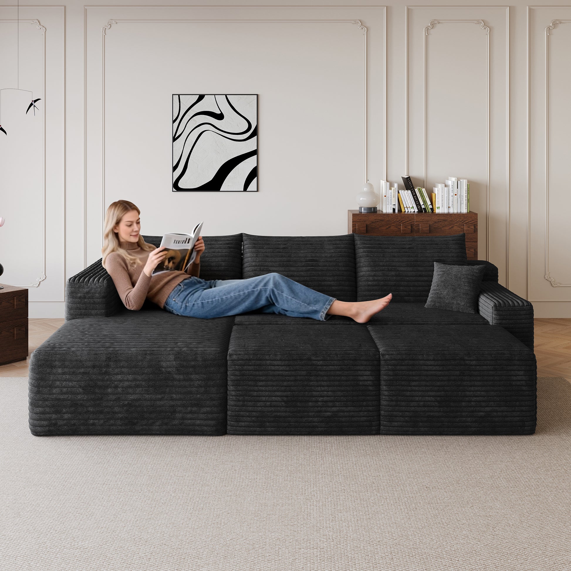 95" Cloud Sectional Sofa with 2 Ottoman,Modern Minimalist Upholstered Couches, Comfort U Shaped Sofa for Living Room,Deep Seat Corner Couch,No Assembly Required,Black (Plush Corduroy Fabric) image 3