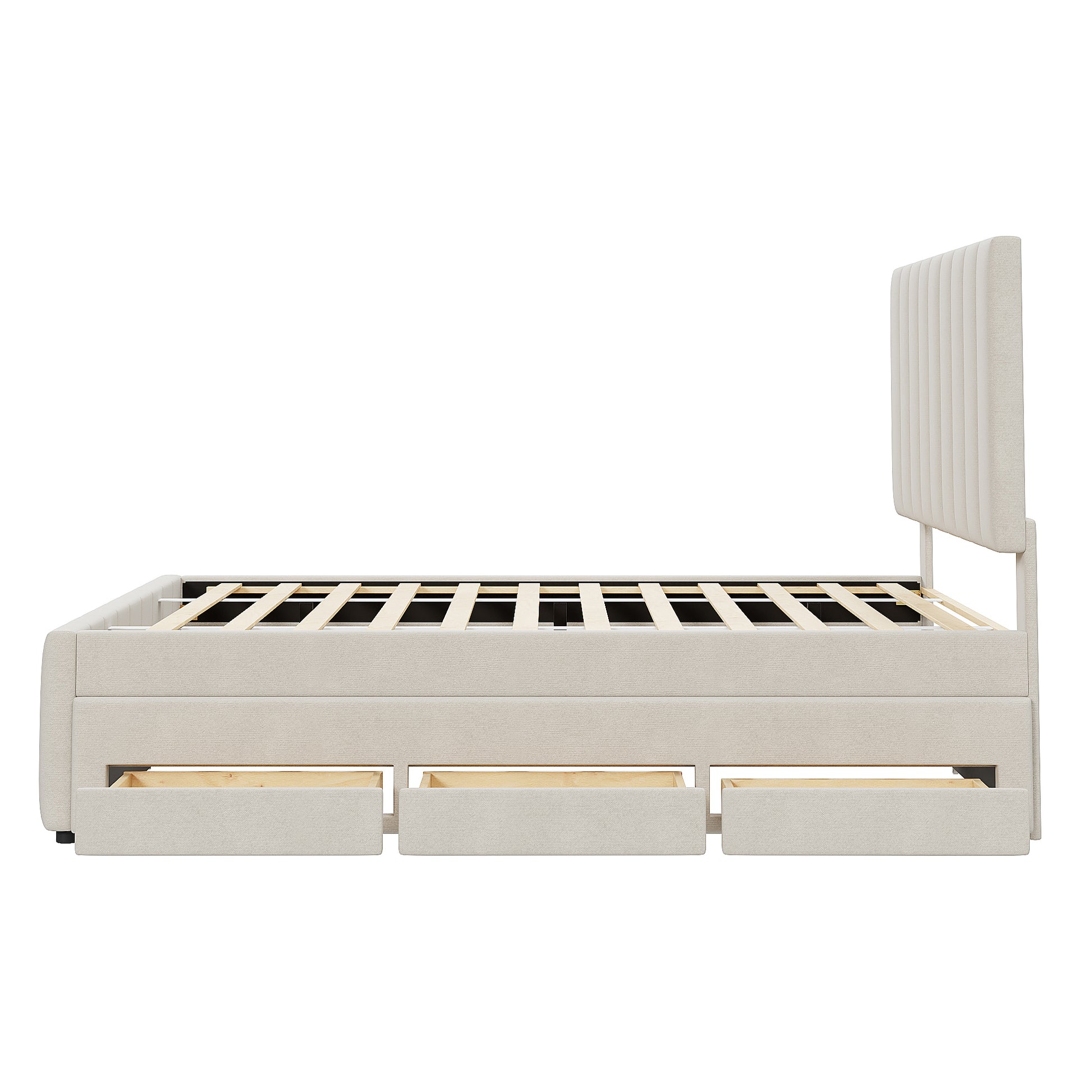 Full Size Upholstered Platform Bed with Twin Size Trundle and 3 Drawers, Linen Fabric, Beige image 10