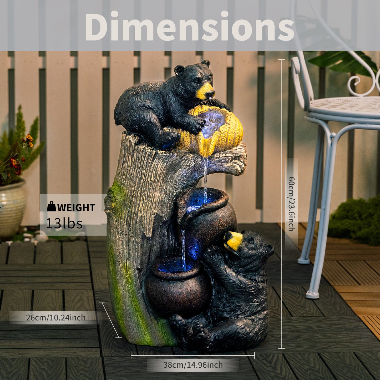 Bear Outdoor Water Fountain with LED Lights Cascading Fountains Outdoor for Patio Yard Balcony 23.62'' Garden Fountains Outdoor and Outdoor Water Fountain Decor image 7