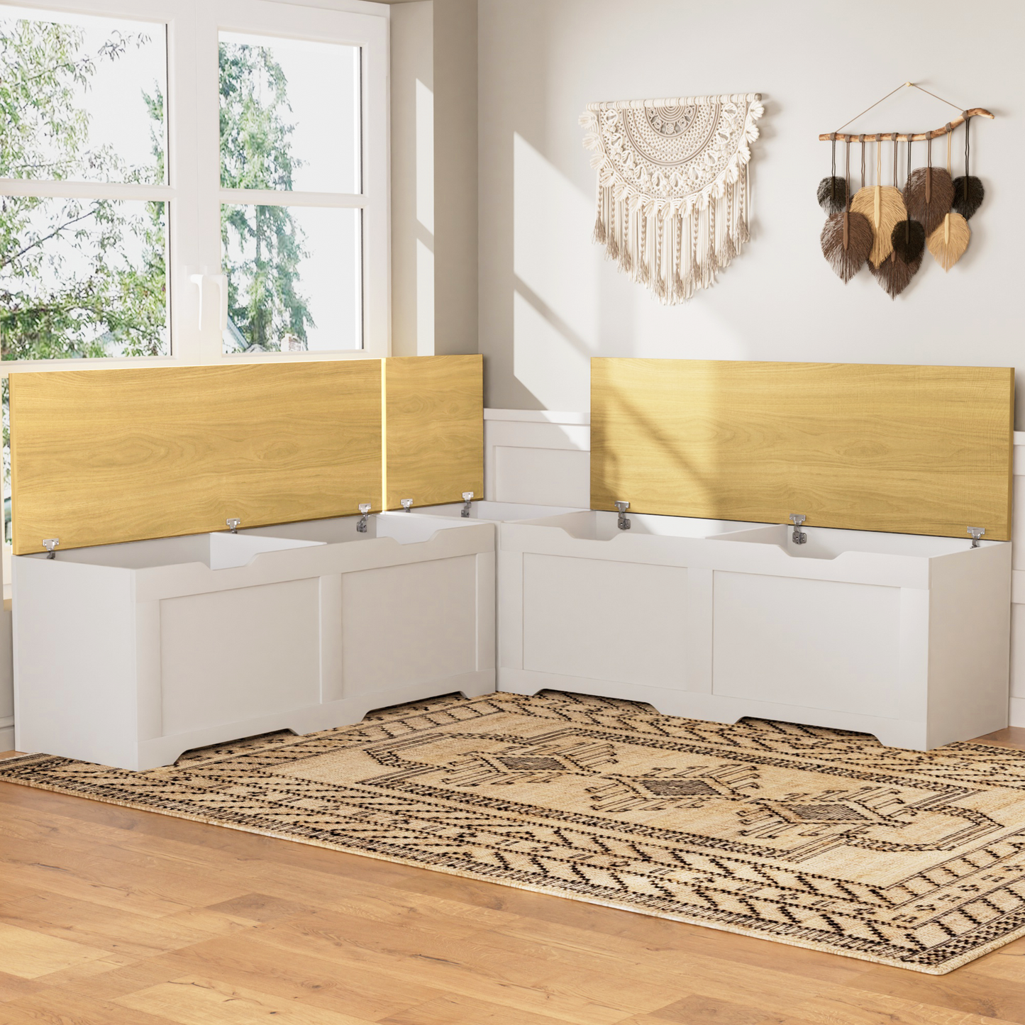 3-Piece L-Shaped Multi-Functional Storage Bench with Cushion, serving as a kitchen corner bench, toy storage box, or reading nook seat., White and Natural, 63"D x 63"W x 19.1"H image 6