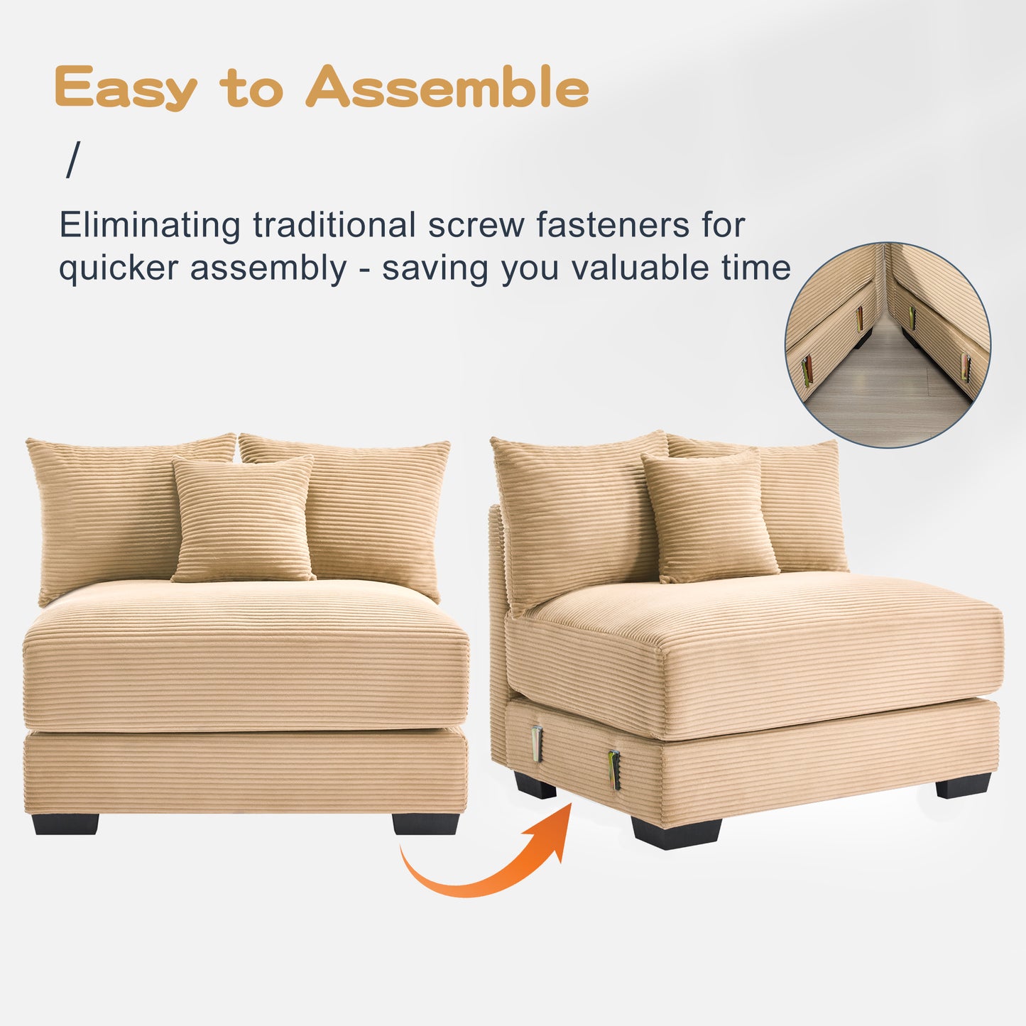 54.3" Oversized Cloud Modular Sectional Couch,Extra-Thick Armrests Good Resilience Cushions Ergonomic Design Premium Soft Corduroy Fabric,Easy Assembly For Living Rooms Study,Camel image 7