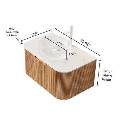 DINA 30" Bathroom Vanity with Sink, Wall-Mounted Floating Curved Edges Striped Storage Cabinet with Drawer, Transparent Round Glass Basin and Countertop, Pre-assembled, Natural Woodgrain Color image 5