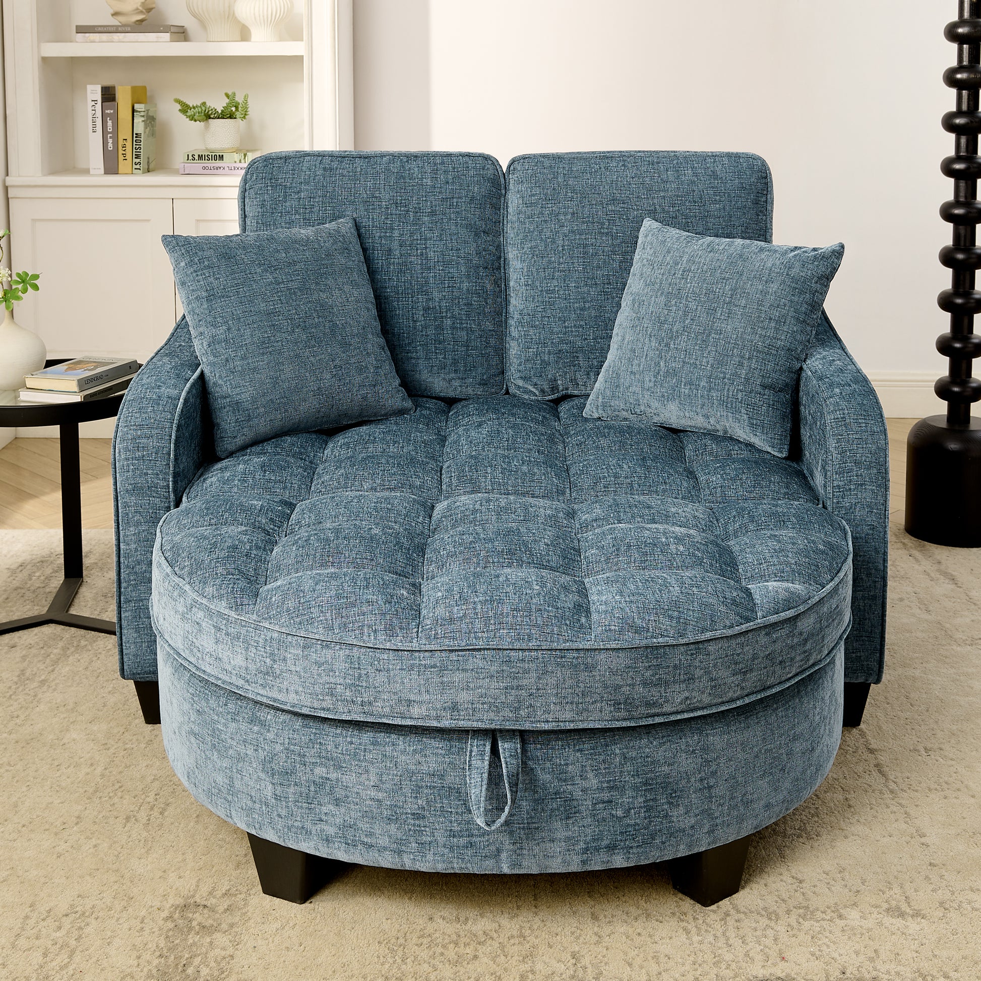Two-seater sofa, double sofa chaise longue, with irregular armrests and backrests, footrest with storage space, comes with two small throw pillows, suitable for living room and bedroom -Blue image 4