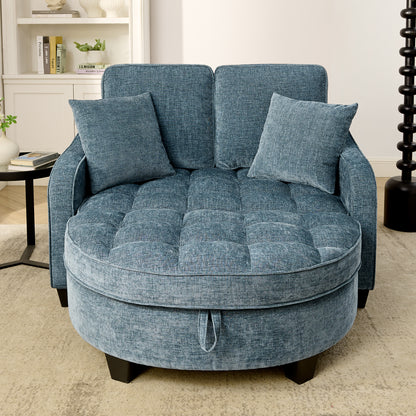 Two-seater sofa, double sofa chaise longue, with irregular armrests and backrests, footrest with storage space, comes with two small throw pillows, suitable for living room and bedroom -Blue image 4