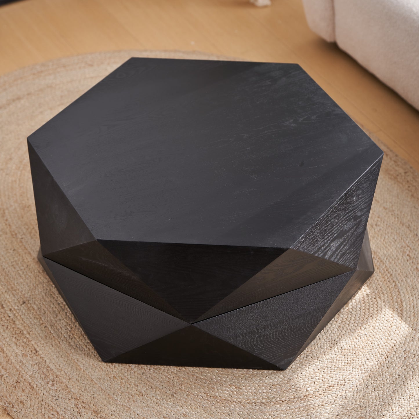 36.61'' Retro Style Polygon Flip Top Coffee Table, with Flip Top for Convenient Access, Hidden Storage, Solid Wood Veneered Drum Coffee Table with Storage for Living Room, Bedroom and Office, Black image 4