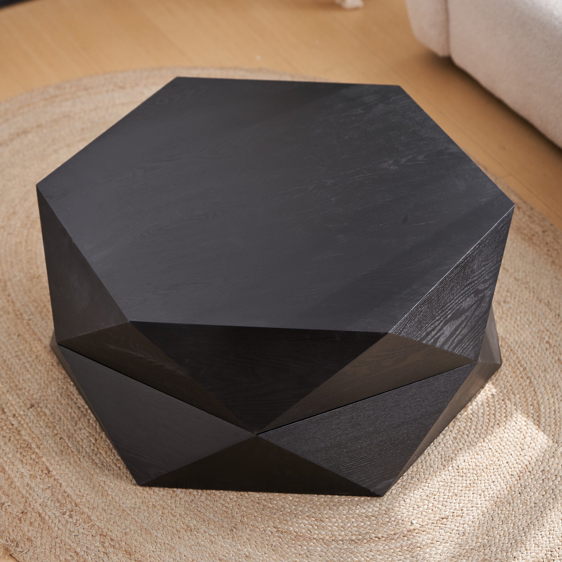 36.61'' Retro Style Polygon Flip Top Coffee Table, with Flip Top for Convenient Access, Hidden Storage, Solid Wood Veneered Drum Coffee Table with Storage for Living Room, Bedroom and Office, Black image 4